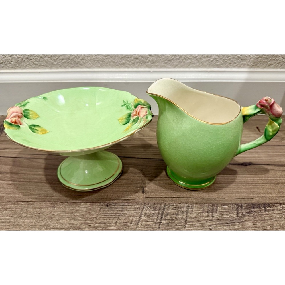 ROYAL WINTON Green Grimwades ROSEBUD Footed Pedestal Candy Dish Gravy Pitcher